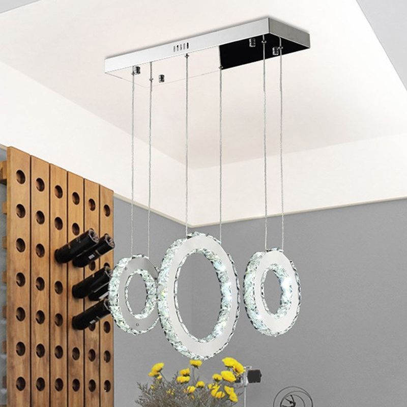 Circular Dining Room Cluster Pendant K9 Crystal 3/5 Lights Modern Style Hanging Lamp in Silver