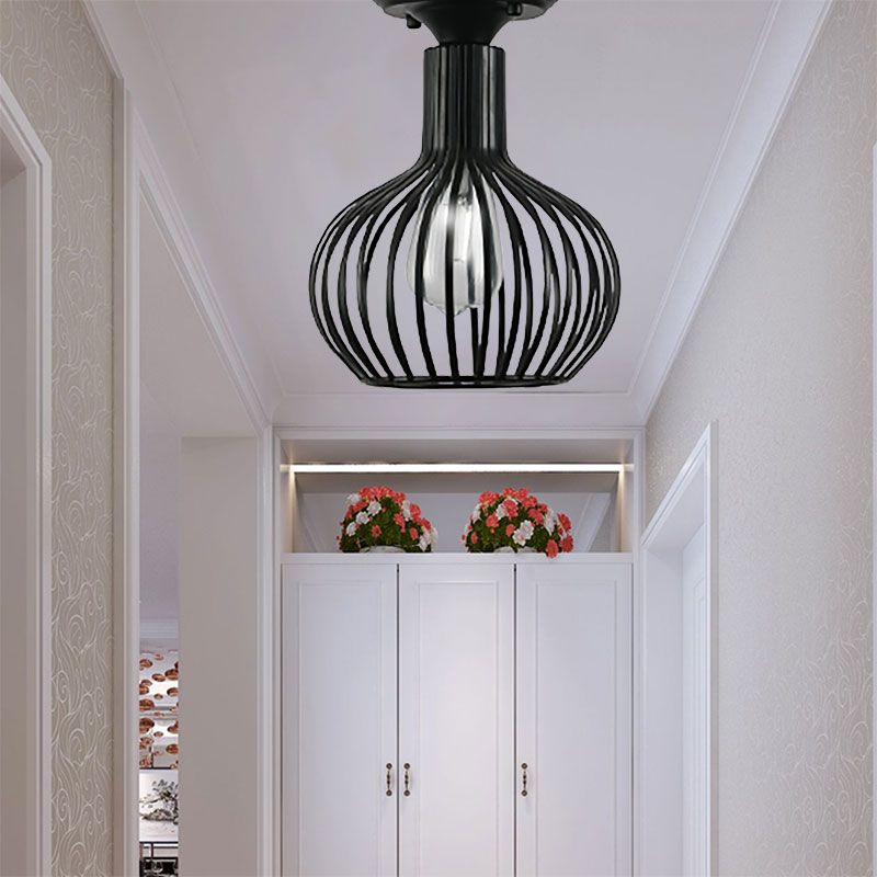Retro Loft Globe / Pear Cage Ceiling Fixture 1 Light Metallic Semi-Flush Mount Light in Black for Hallway
