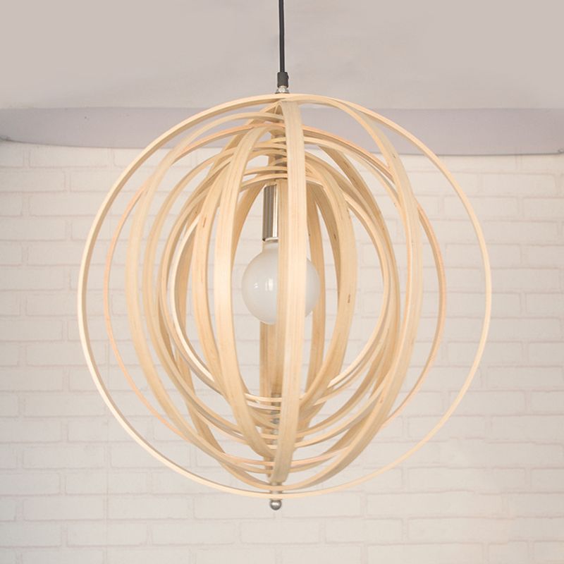 Rippling Sphere Wood Pendant Light Kit Asian 1 Light Beige Hanging Light Fixture over Table