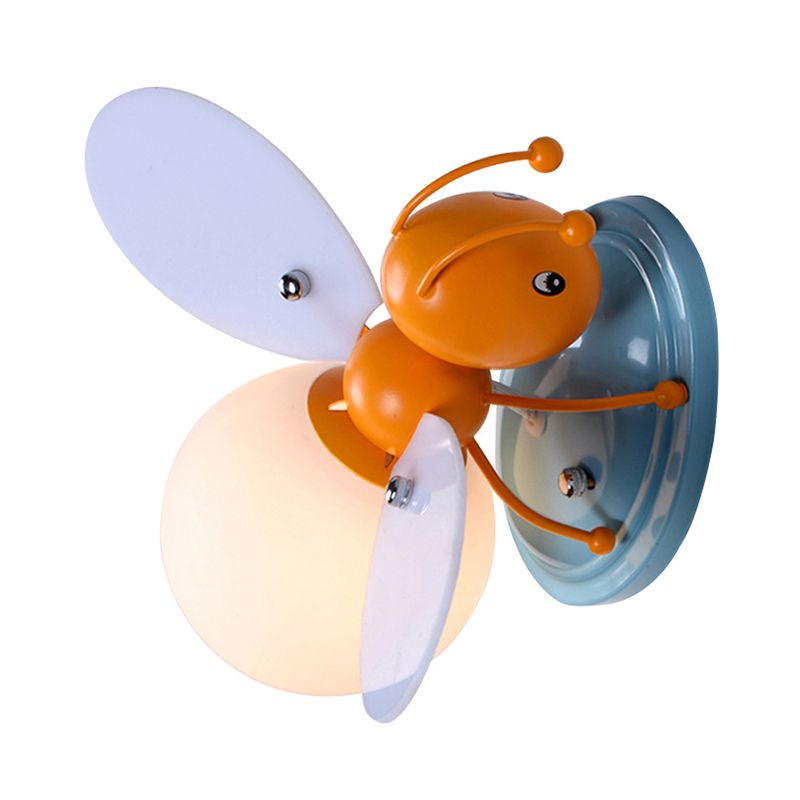 Bee Shaped Child Room Sconce Lighting Metallic Single Modern Wall Light with Globe Cream Glass Shade in Yellow