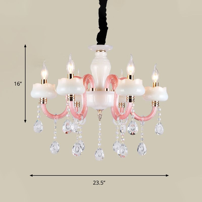 Lámpara colgante de cristal de vela retro de araña colgante de 6 luces en blanco y rosa para dormitorio