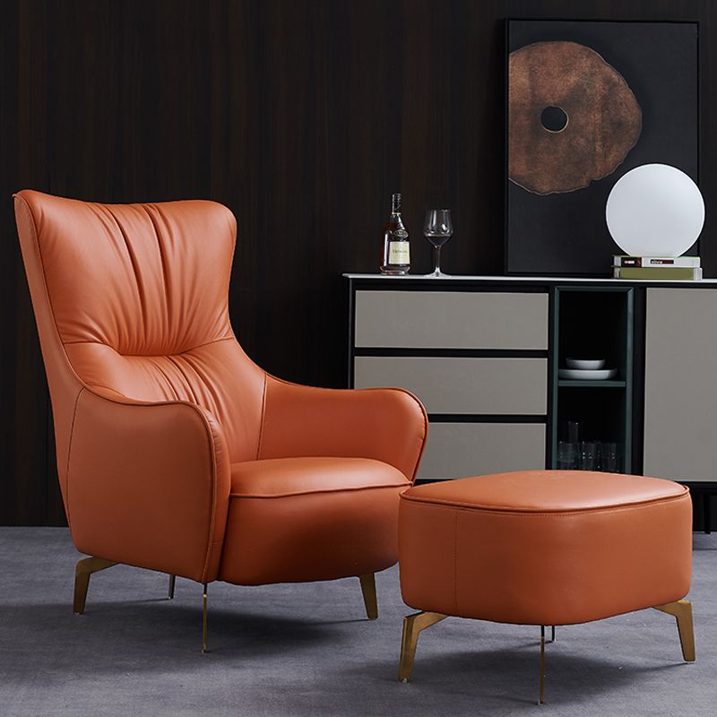 Modern Fixed Back Chair Solid Color Upholstered Genuine Leather ArmChair