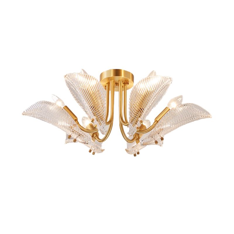 6 Heads Transparent Glass Ceiling Lamp Postmodern Brass Leaf Bedroom Semi Flush Mount Light