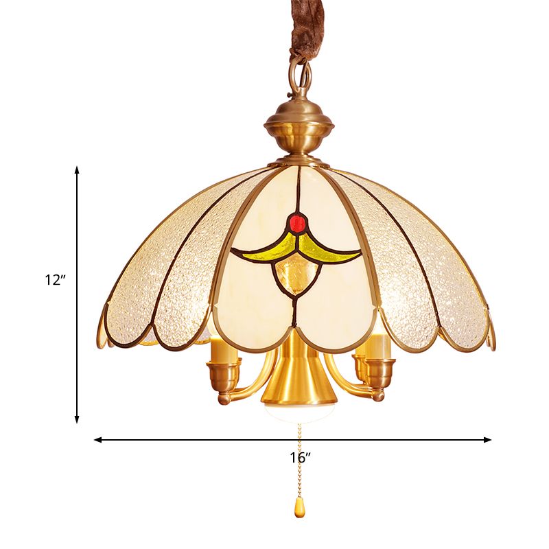 5 Bulbs Scallop Pendant Lamp Colonial Gold Frosted Glass Chandelier Light Fixture for Study Room