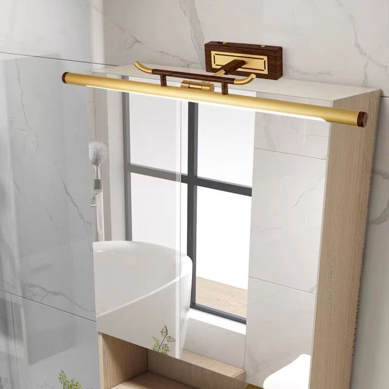 Brass Straight Mirror Light Chinese Style Single Light Wall Lamp for Bathroom