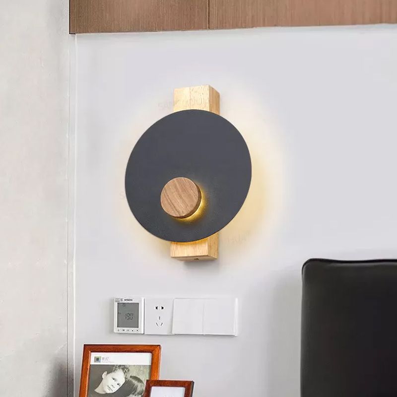 Black/Grey/White Disk Wall Light Fixture Minimalist LED Metal Sconce with Wood Backplate for Bedroom