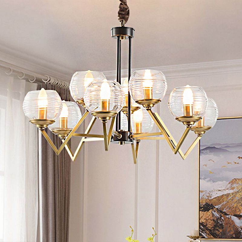 Gold 9/12 Lights Pendant Chandelier Traditional Clear Ribbed Glass Globe Hanging Light for Living Room