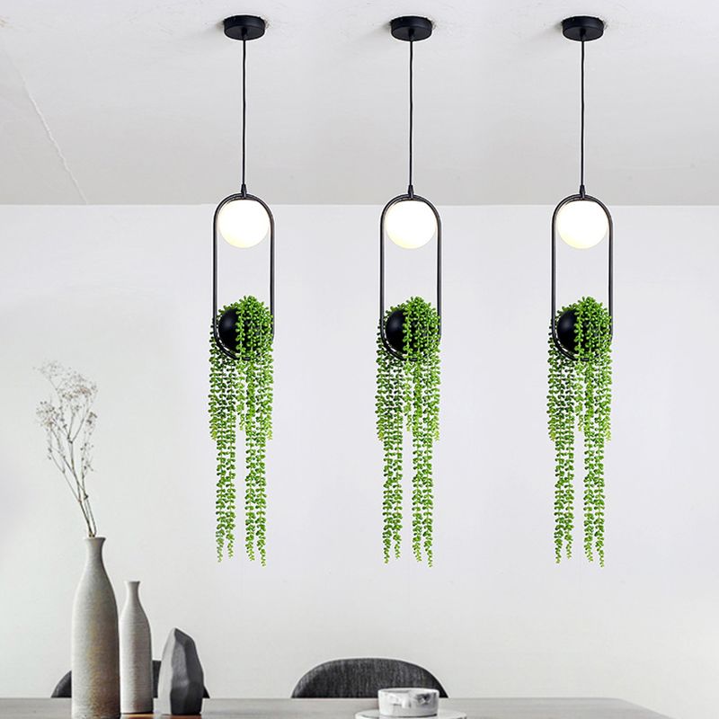 Modern Oval Metal Hanging Lamp White Glass Globe Shade 1 Light Pendant Light with Green Plant