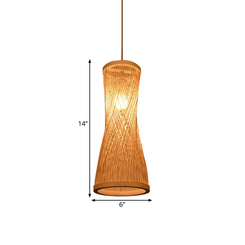 Hourglass Bamboo Suspension Pendant Loft Style 1 Light 6"/6.5" Wide Beige Down Lighting for Restaurant
