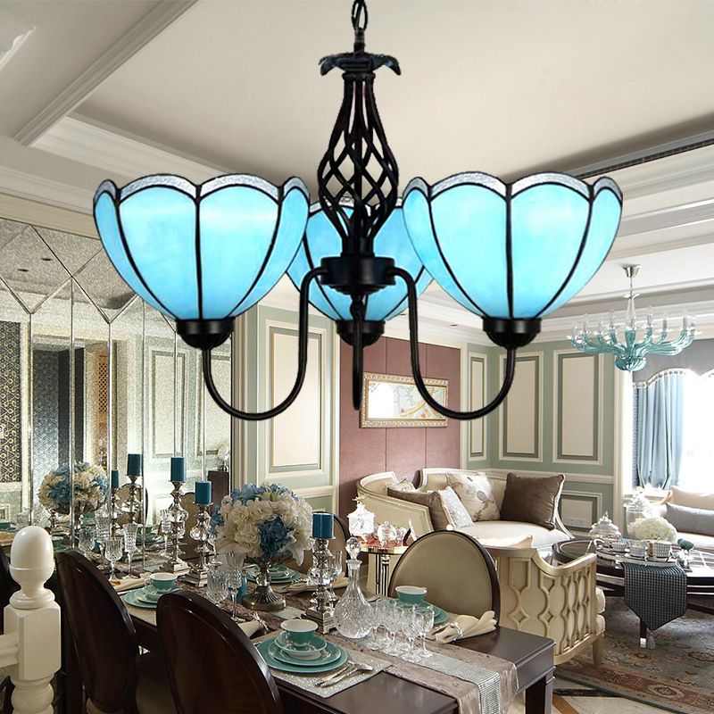 3 Lights Scalloped Chandelier Light Traditional Tiffany Blue Glass Pendant Light for Living Room