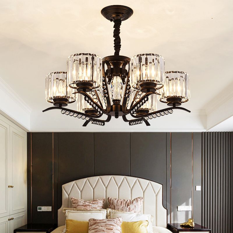 Minimalist Cylindrical Chandelier Tri-Sided Crystal Rod Hanging Light Fixture in Black