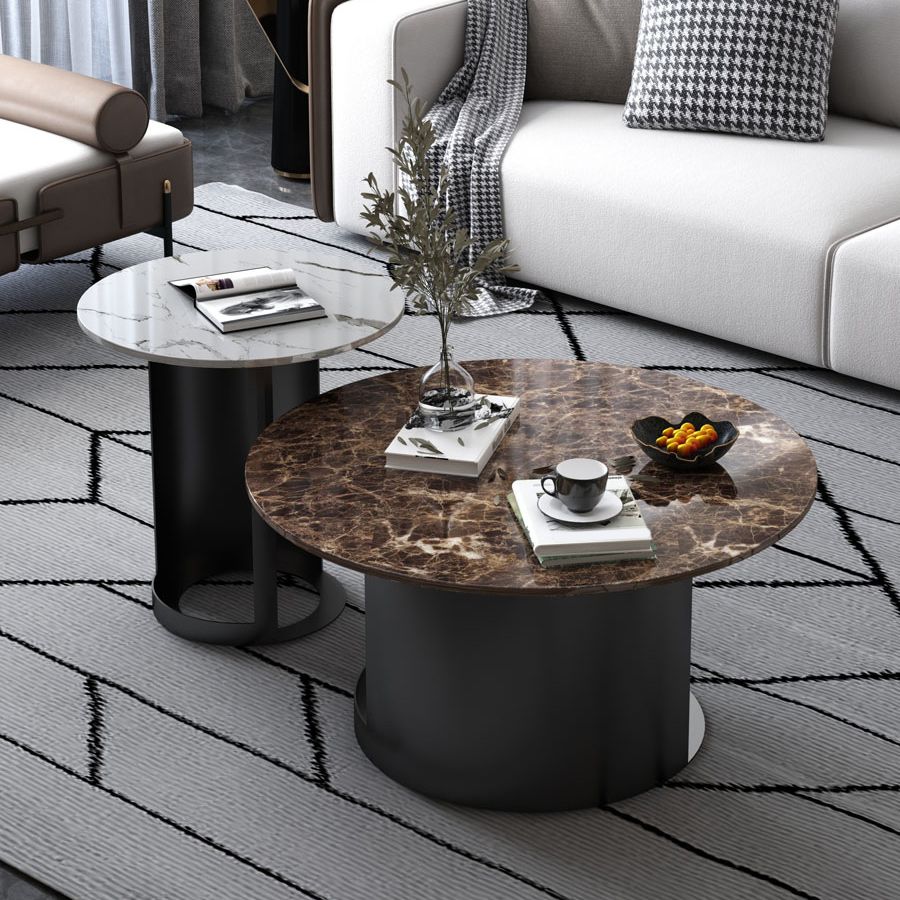 Single Round Pedestal Black Coffee Cocktail Table with Marble Top