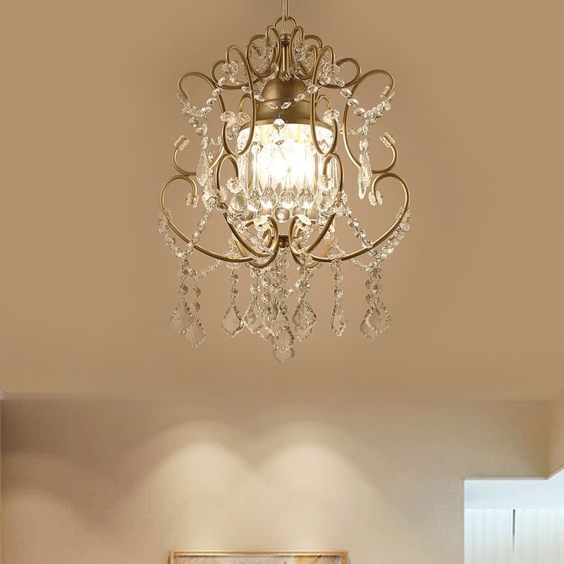Modernist Scroll Pendant Chandelier 3 Heads Crystal Swag Hanging Ceiling Light in Gold