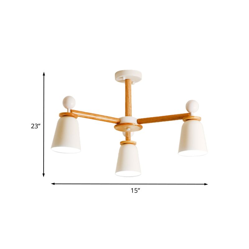White Finish Bell Semi Flush Lighting Modernist 3/6 Lights Iron Ceiling Mounted Lamp with Wood Arm