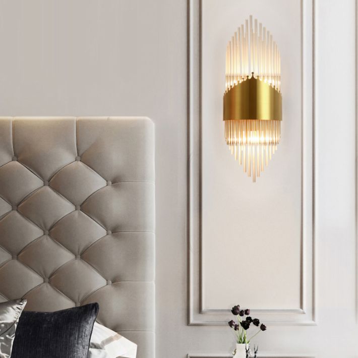 Fluted Crystal Flush Wall Sconce Postmodern Style 2-Bulb Gold Wall Lamp for Living Room
