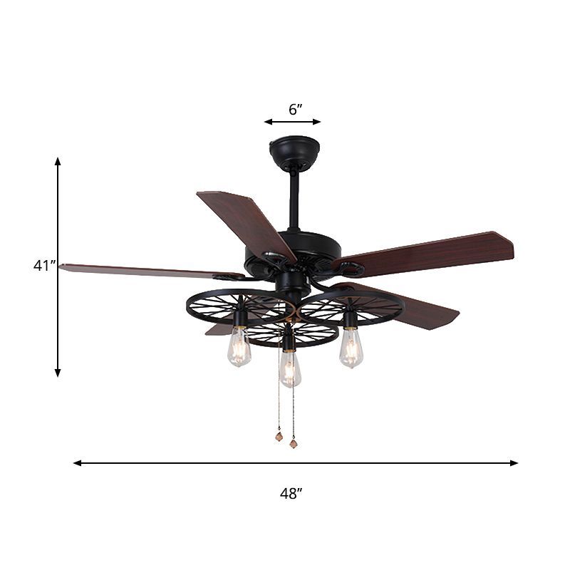 3 Lights Wheel Ceiling Fan Industrial Retro Metal Semi Flush in Black with 5 Blades