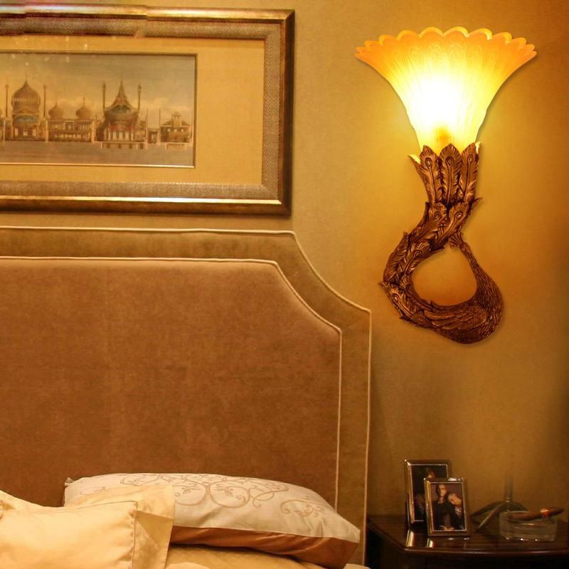 Scharbeglochbernglaswand Lampe Land Style 1 Kopfschlafzimmer Wandleuchte mit grünem/goldenem Pfaudesign