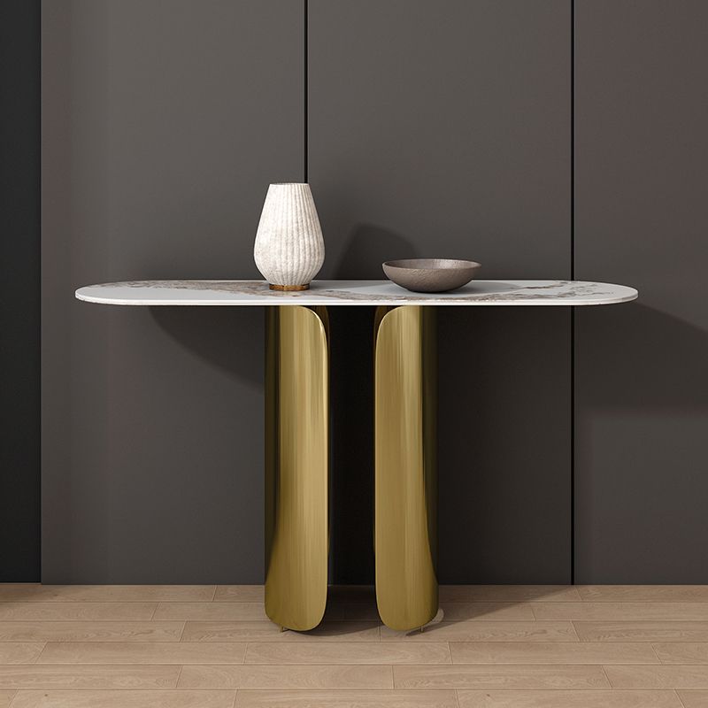 16 inch Wide Glam Console Table Oval Shape Stone Accent Table for Hall