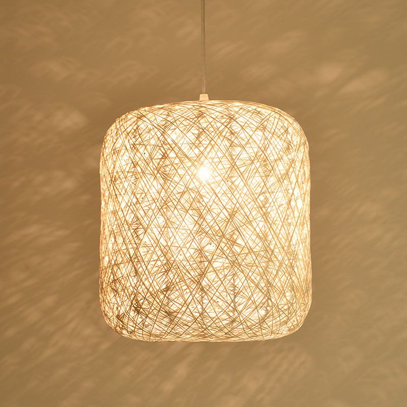 Cylinder Ceiling Hanging Lantern Chinese Style Rattan 1 Bulb Restaurant Pendant Lamp