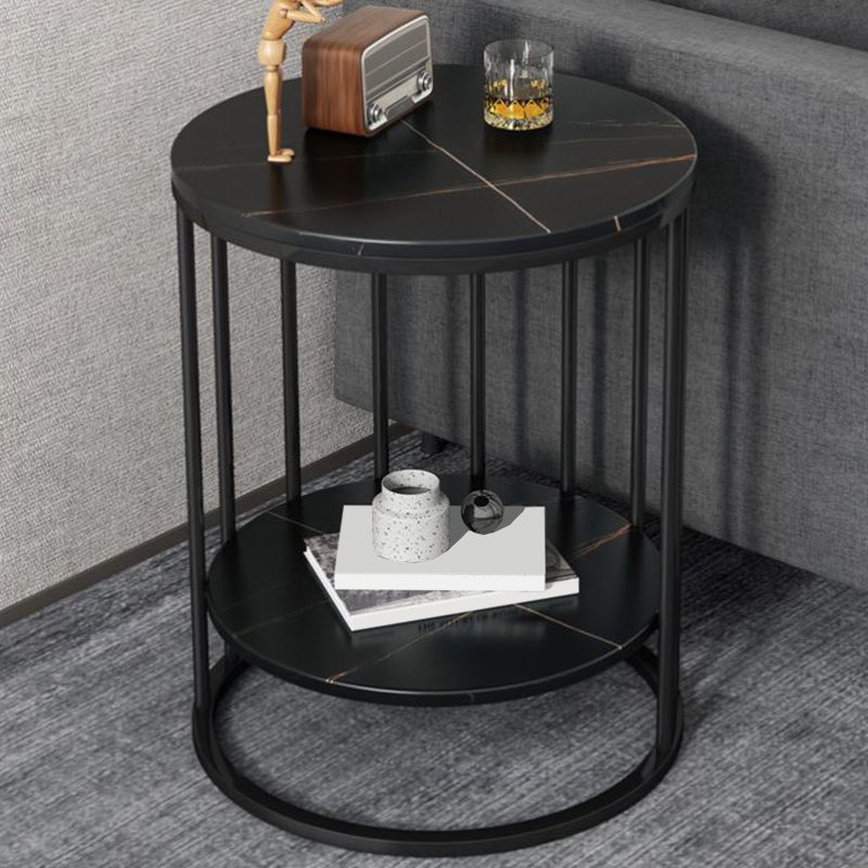 Faux Stone Round End Table Shelf Included Side Table in Black/Grey