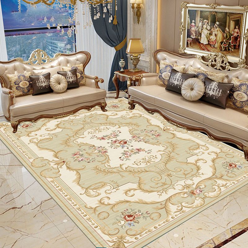 Beige Medallion Pattern Area Carpet European Polyester Area Rug Non-Slip Backing Rug for Home Decor
