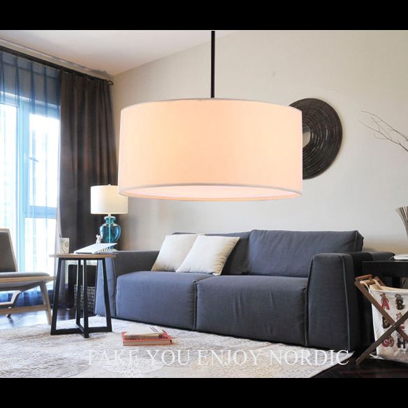 Restaurant Hanging Lamp Fixture Modern Minimalist Pendant Light with Drum Fabric Shade