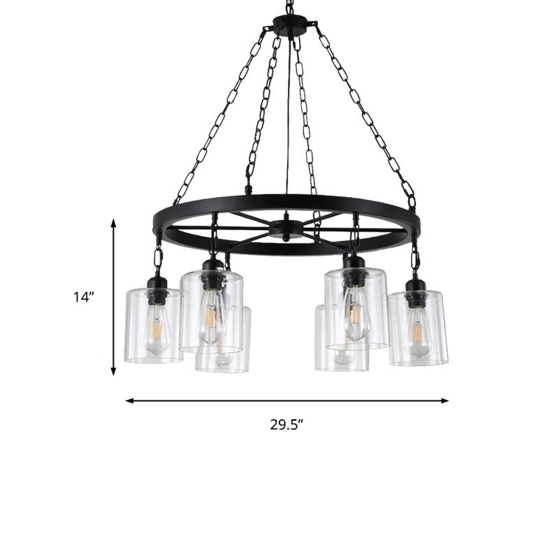 Black 6/8 Lumières Pendard lustre traditionnel Cylindre en verre transparent clair avec conception de roue de wagon