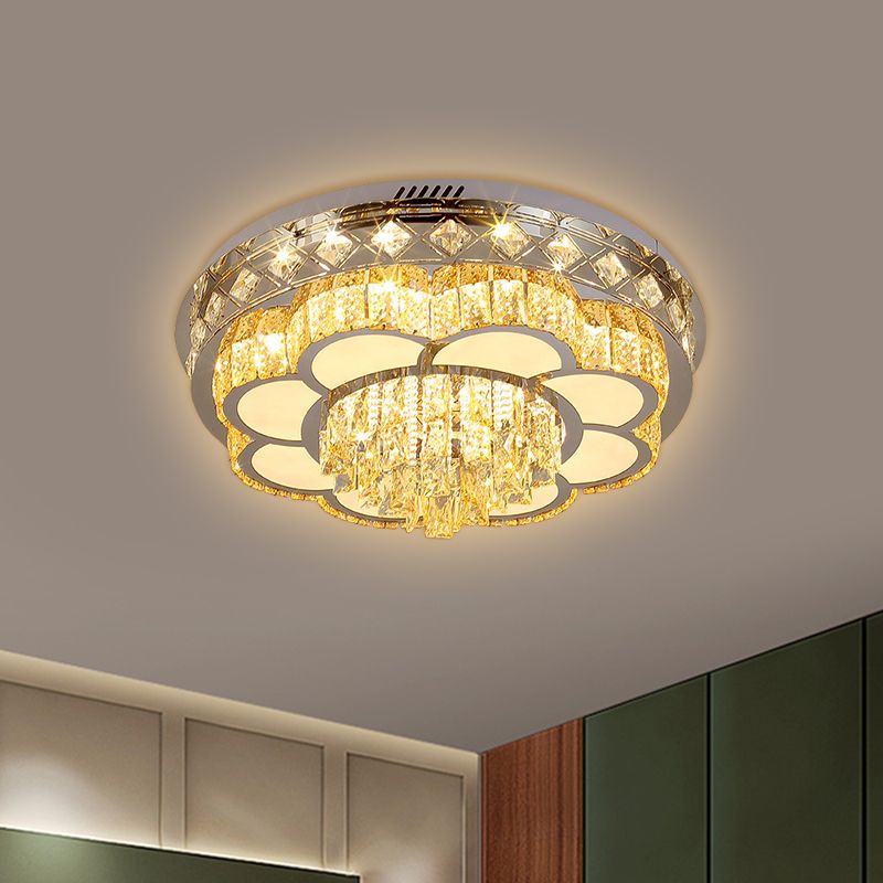Cut Crystal Floral Flush Ceiling Light Modern Hotel LED Flushmount in Stainless Steel