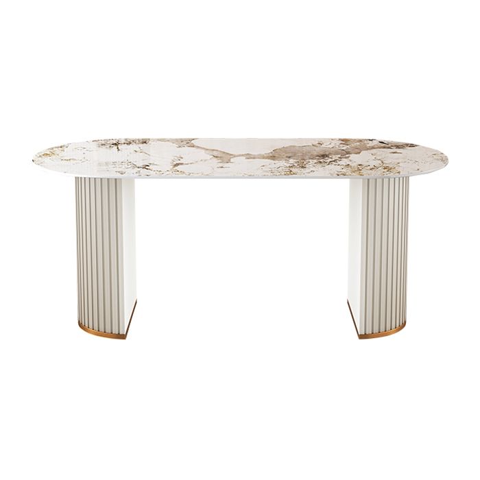 Metal Modern Oval Dining Table Sintered Stone Top Table with Double Pedestal