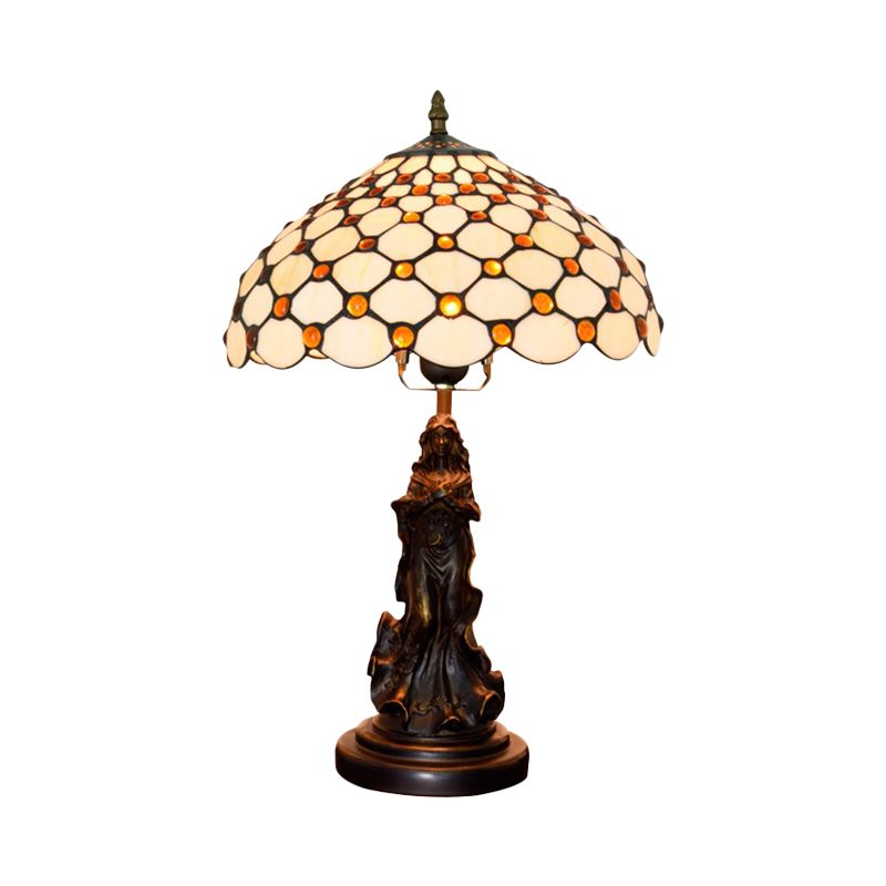 Cabochons-Embellished Grid Night Light 1-Light White/Beige Glass Tiffany Tischlampe mit Engel Dekor