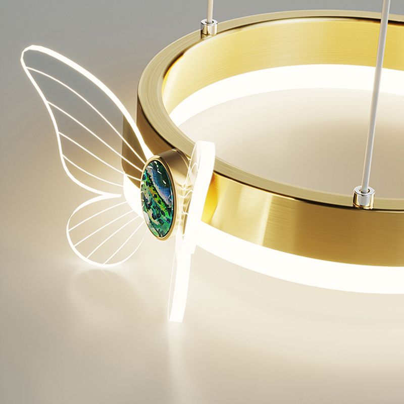 Brass Ring LED Pendant Minimalist Metal Hanging Light with Butterfly Decoration