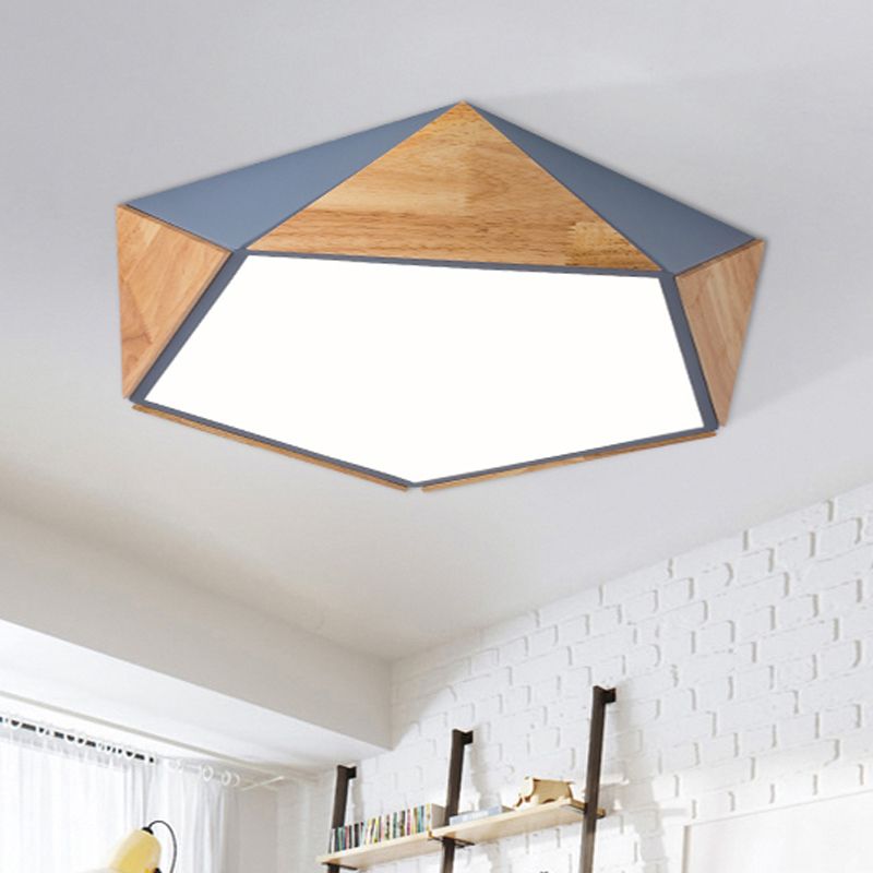 Flat Pentagon Ceiling Mount Light Macaron Stylish Wood LED Flush Light for Kids Bedroom