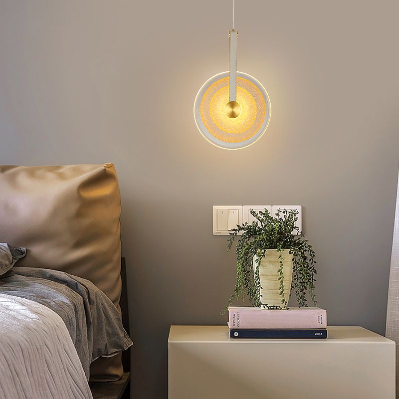 Messing schijf suspensie licht postmoderne getextureerde glazen led-droplamp met lederen band