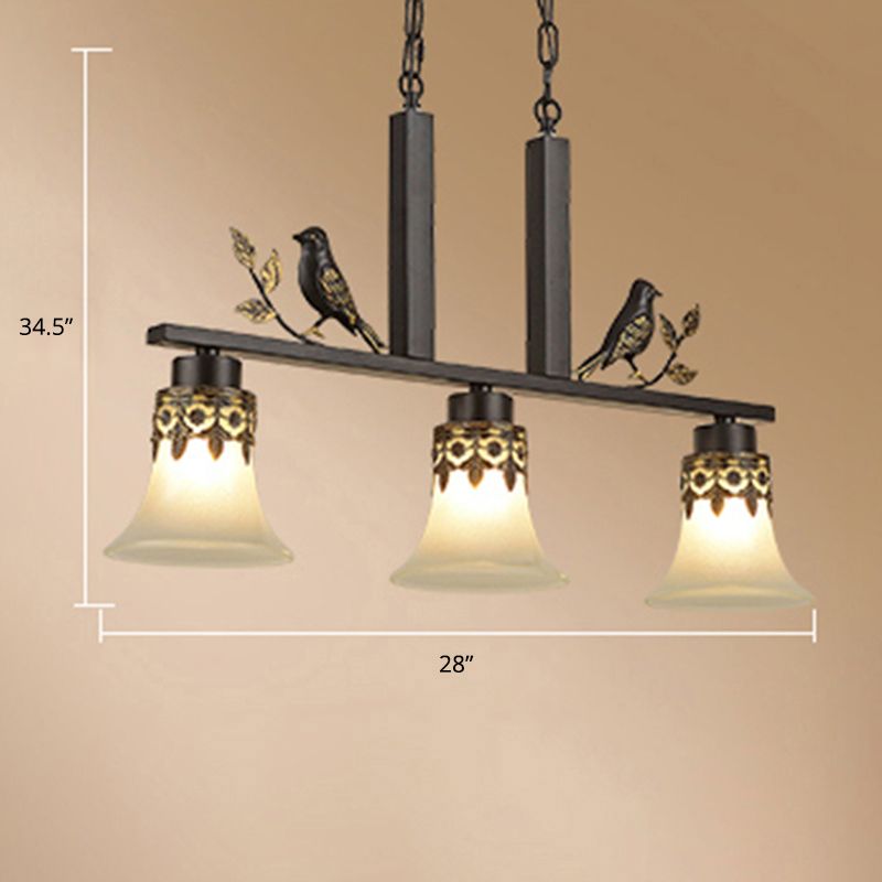 Opal Frosted Glass Flared Island Light Fixture Rustic 3-Light Dining Room Pendant with Bird Decoration in Black