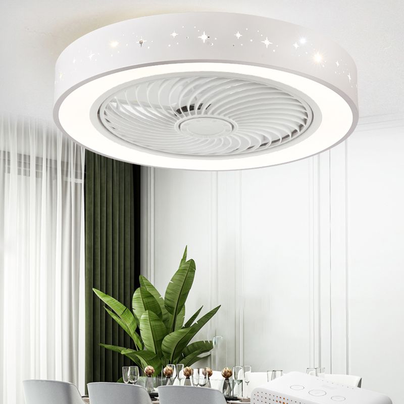 White Drum Flush Mount Fan Lamp Modern LED Semi Flush Light with 5 Blades