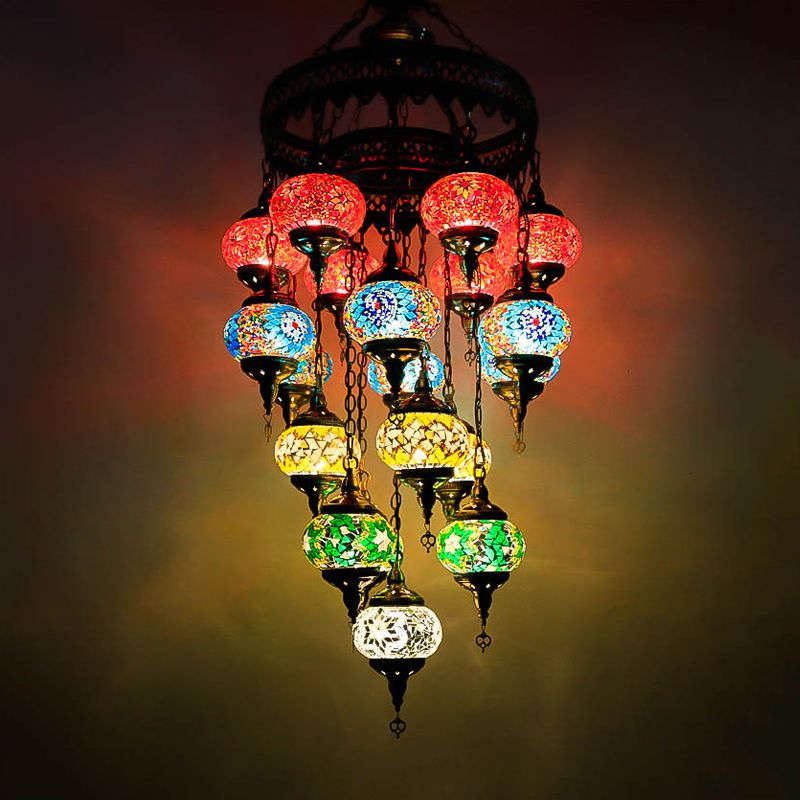 Oval Stained Art Glass Ceiling Chandelier Traditional 19 Heads Stairway Hanging Pendant Light in Blue