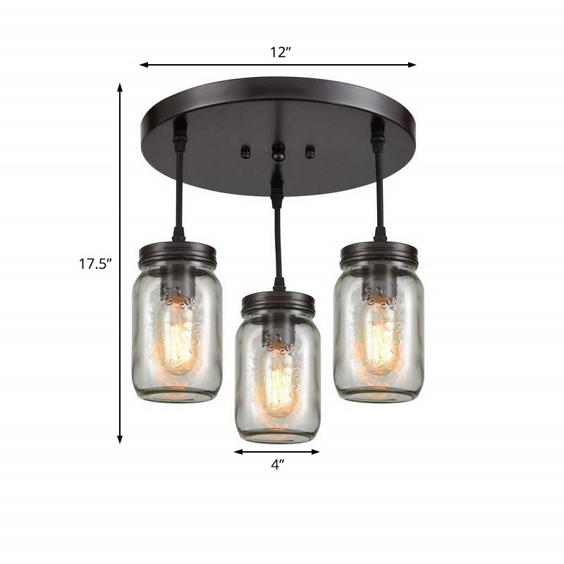 3 luces transparentes de vidrio grabado Costilería Ligera industrial de masón negro Livera de techo de sala de estar de jarra