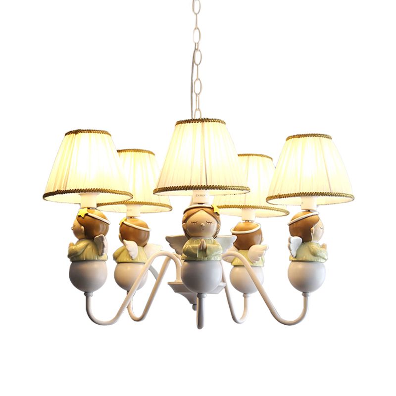 Tessuto conico conico a sospensione cartone animato 5 teste lampada lampadario bianco con decorazione d'angelo