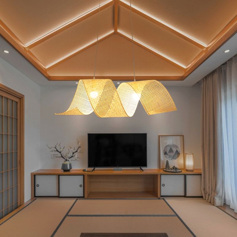 33.5" Width Twist Suspension Pendant Asian Style Bamboo 2-Light Flaxen Hanging Light
