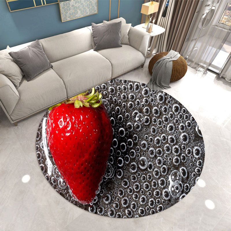 Round Strawberry Print Carpet Polyester Natural Rug Stain Resistant Area Carpet for Home Decoration