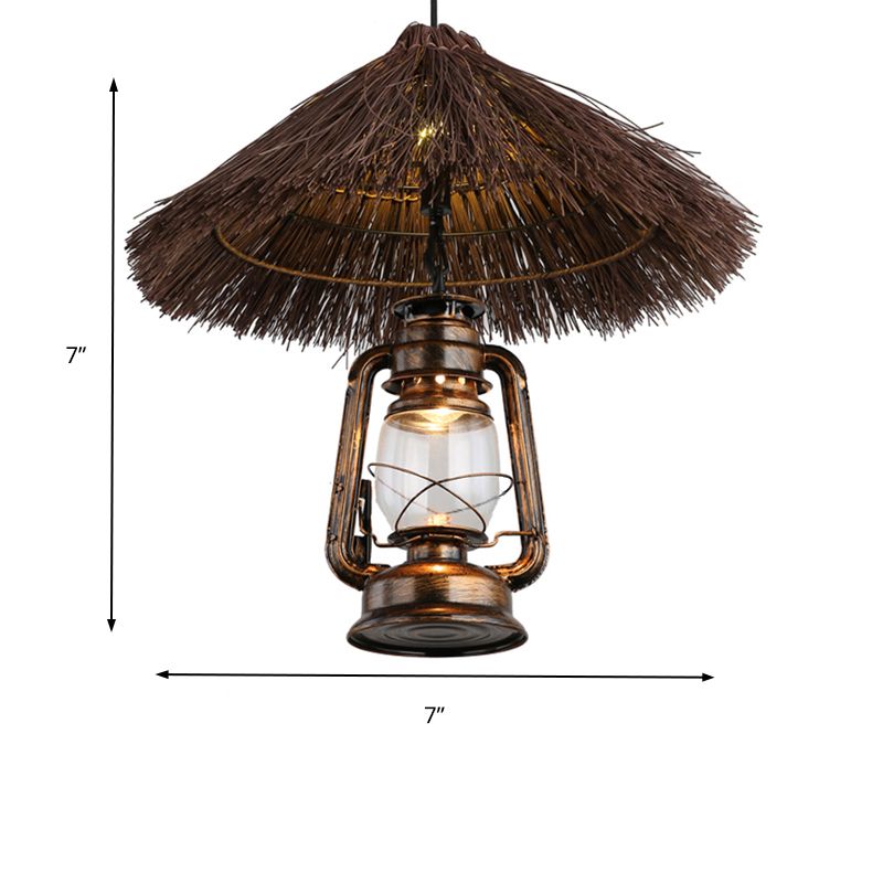 Ratán tejido a mano Light Lodge Style 1 Lámpara colgante de color marrón claro con sombra de linterna para comedor