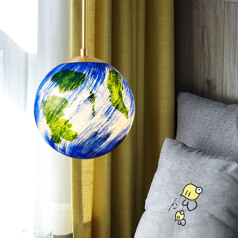 6"/10" Wide 1 Light Bedside Suspension Light Cartoon Brass Pendulum Lamp with Globe Blue Glass Shade