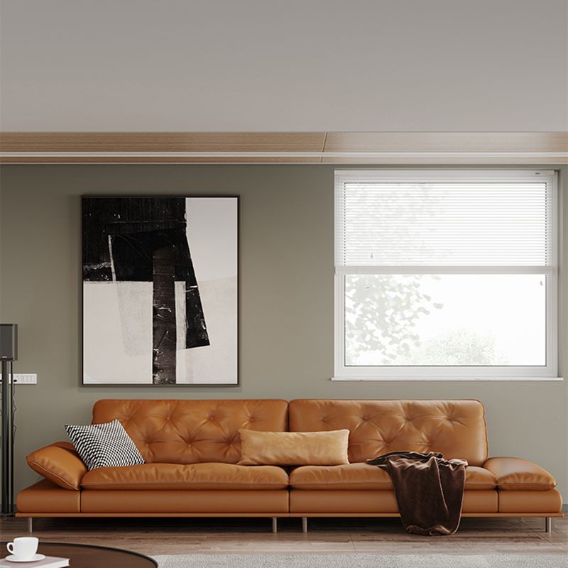 Tufted Pillow Top Arm Sofa Brown Genuine Leathersofa with 2 Cushions