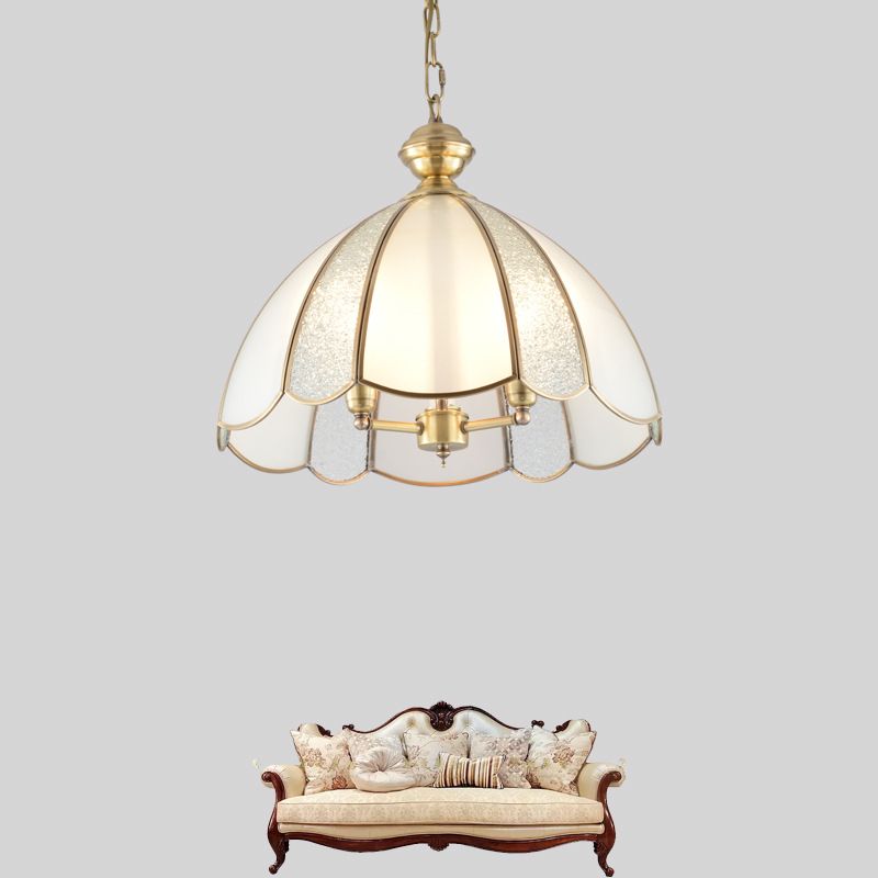 3 Bulbs Bowl Ceiling Chandelier Colonial Frosted Glass Suspended Lighting Fixture in Brass