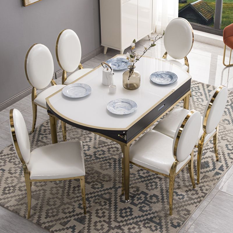 Contemporary White Round Glass Top Dining Table with Double Drop Leaf