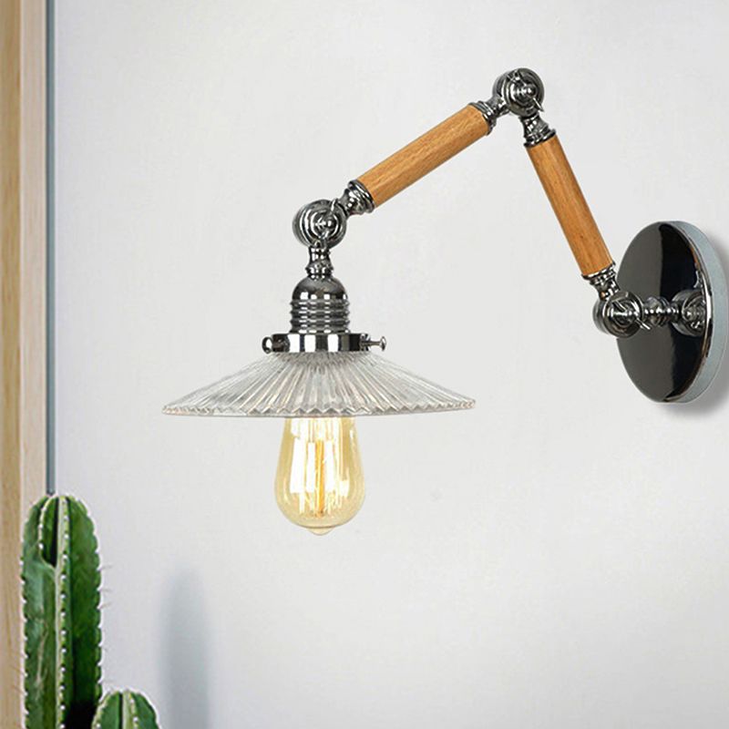 One Bulb Wall Light Saucer Shade Ribbed Glass Vintage Study Room Sconce Lighting Fixture with 8"+8"/6"+6"/8"+4" Extendable Wooden Arm