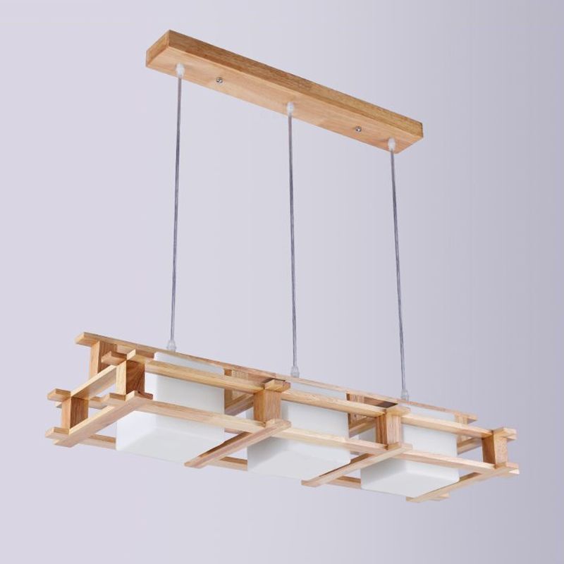 Milk Glass Rectangular Island Light Nordic 3 Lights Beige Suspension Lamp with Wooden Cage