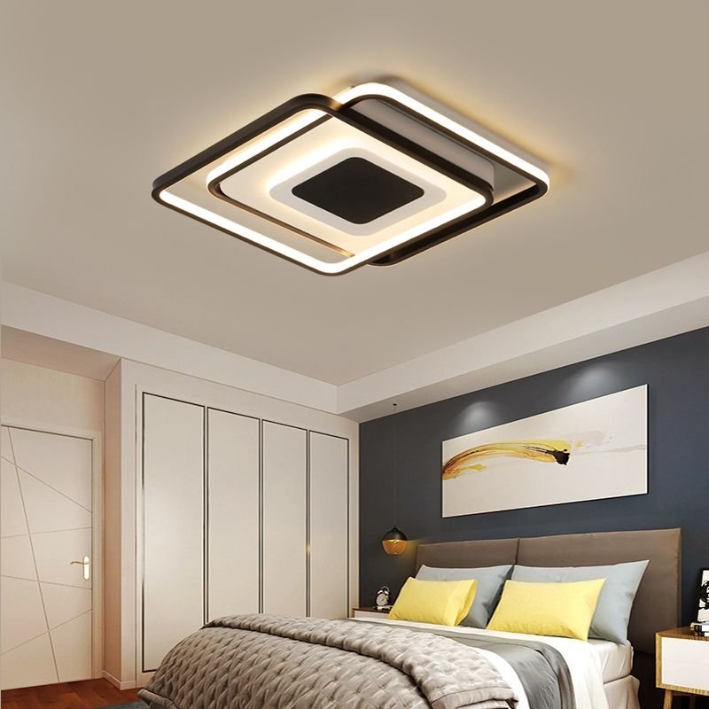 Square Bedroom Flush Light Metal Modern Style LED Ceiling Mounted Fixture in Black