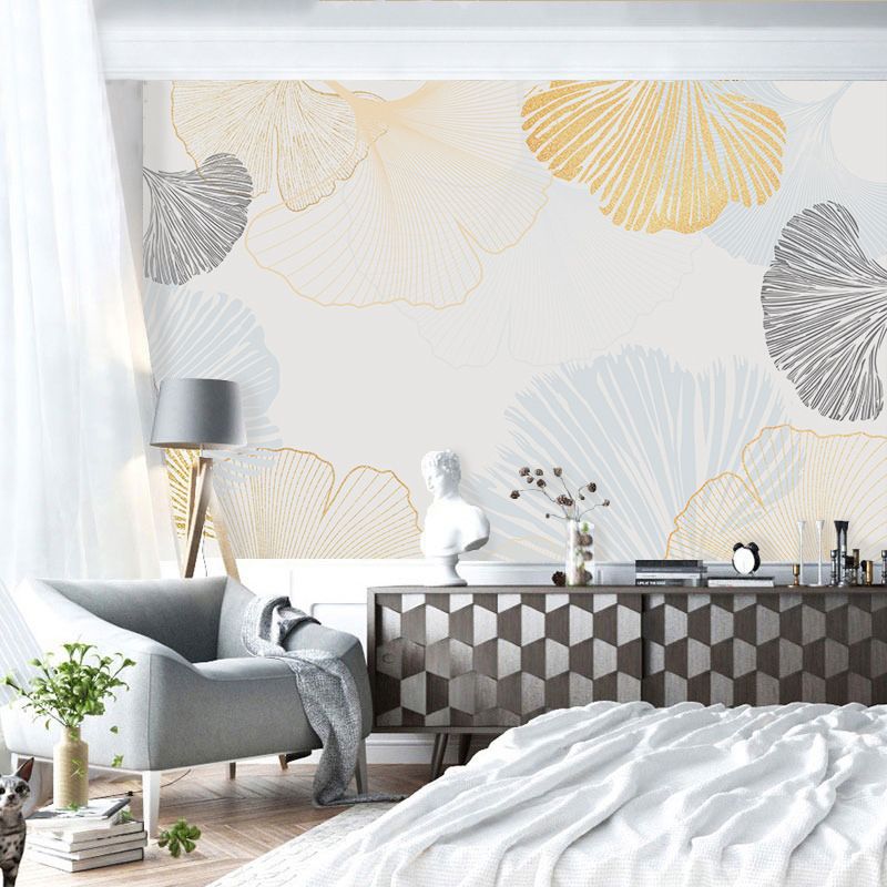 Ginkgo Wall Mural Decal in Blue and Yellow, Nordic Wall Covering for Living Room Decoration