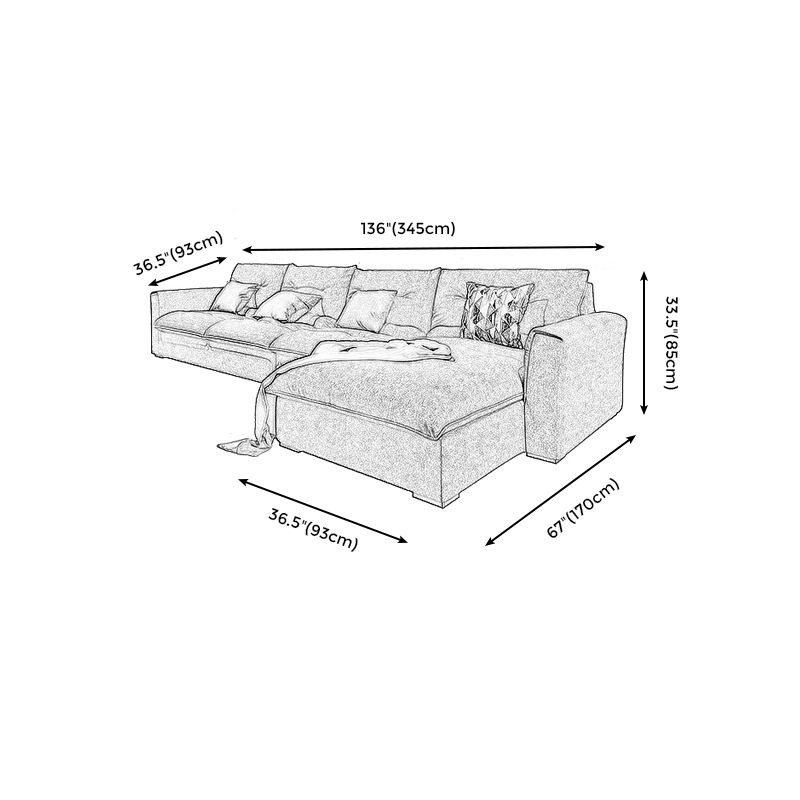 Modern Square Arm Sectional Gray Linen Sofa and Chaise for Apartment